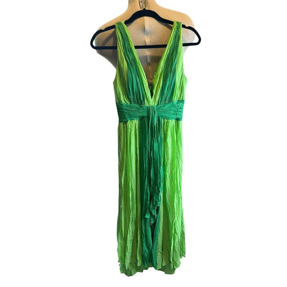 Marc Bower GlamIt Dress 100% Silk Full Length Gown V Neck Sz 8 Green